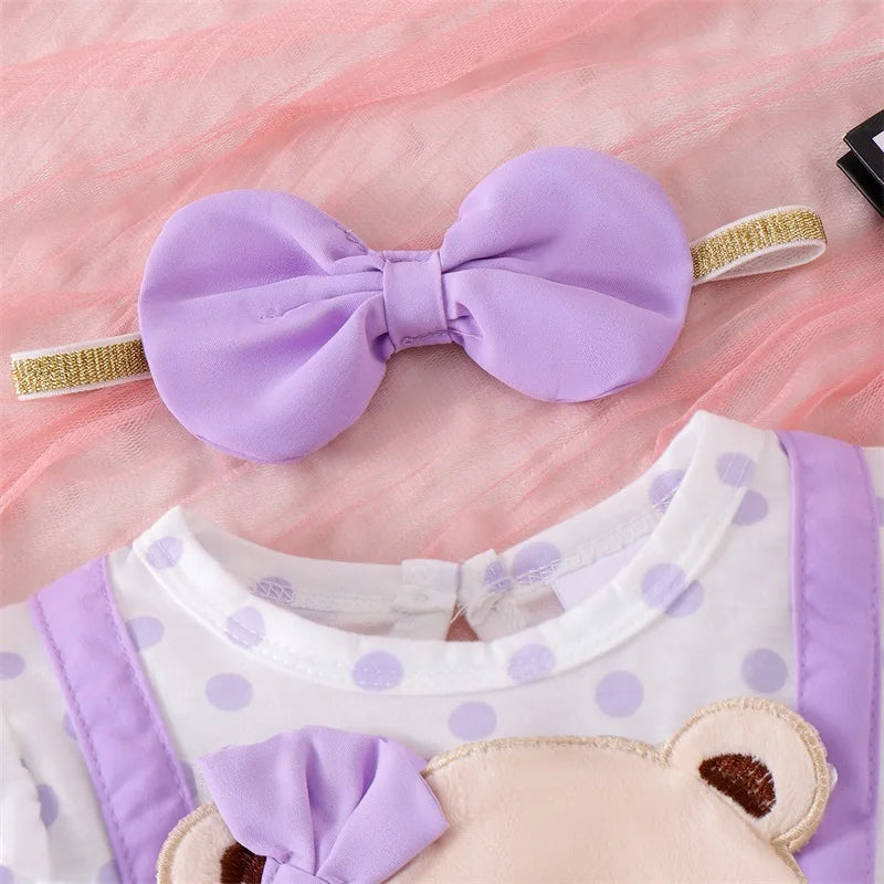 0-18M Infant Baby Girl Romper Dress Bear Patch Ruffle Short Sleeve Bodysuit with Bow Headband 2Pcs Summer Clothes