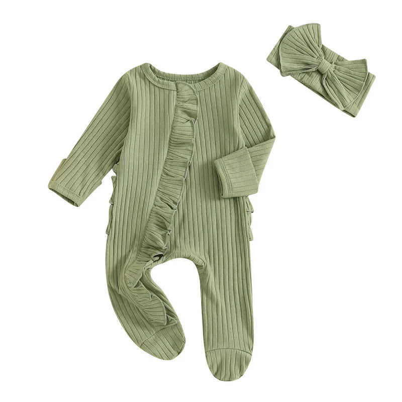 0 to 3 Months Baby Girl Romper Spring Autumn Clothes Solid Color Ribbed Ruffle Long Sleeve Zipper Footed Jumpsuit Bow