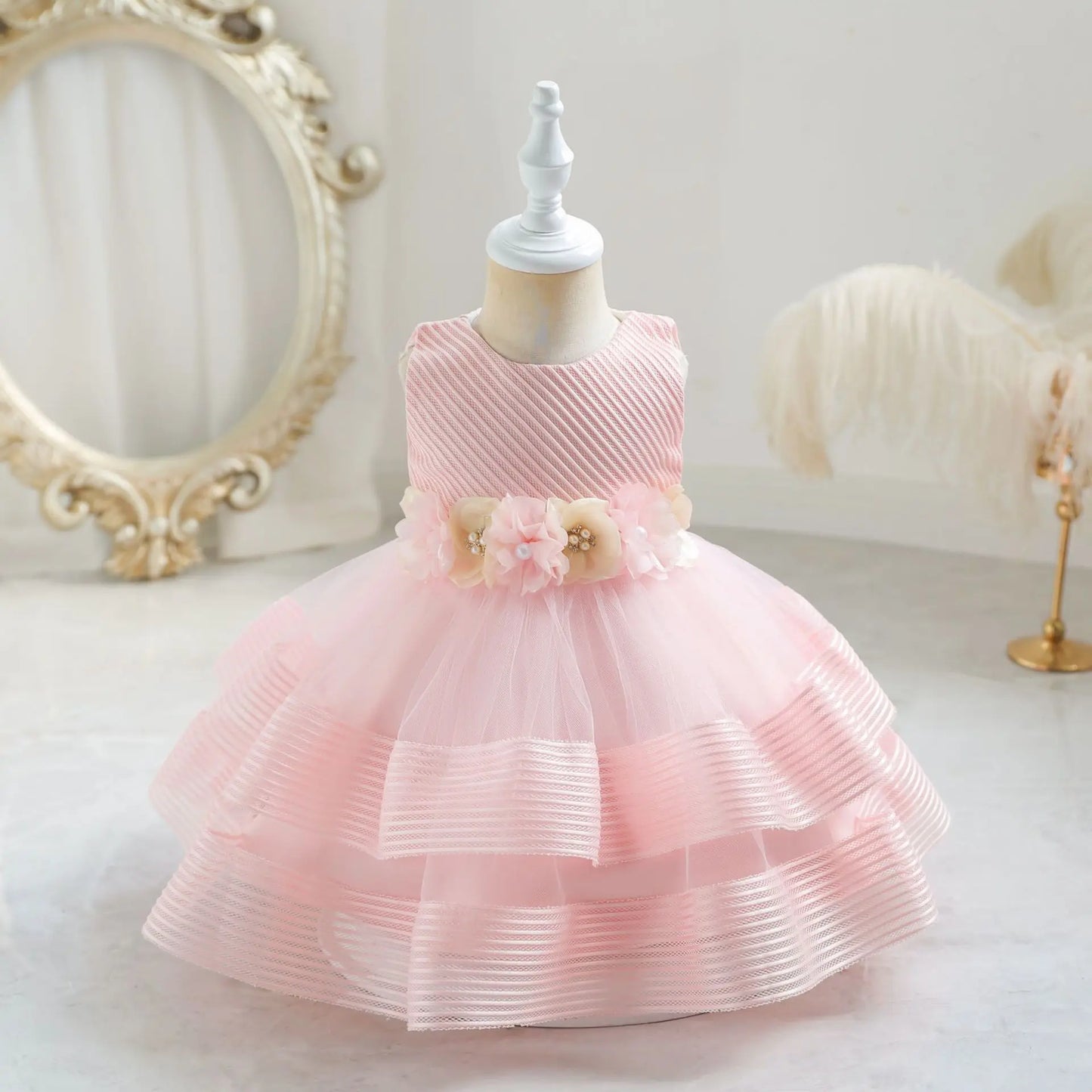 Princess Girl Kid's Dress Flower Bowknot Mesh Layered Baby Party Dresses Striped White Sleeveless Toddler Frocks 0 To 24 Months