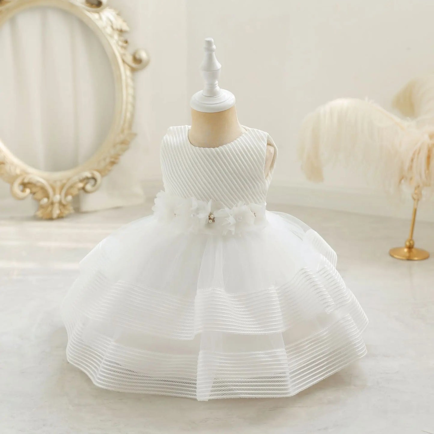 Princess Girl Kid's Dress Flower Bowknot Mesh Layered Baby Party Dresses Striped White Sleeveless Toddler Frocks 0 To 24 Months