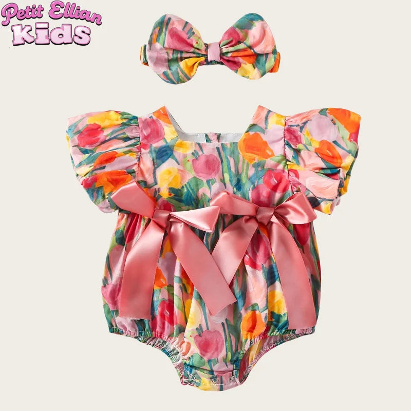 0 - 2 Y Baby Girls Cotton Romper with Bowknot and Floral Print and Matching Headband - Adorable and Stylish Kids' Set