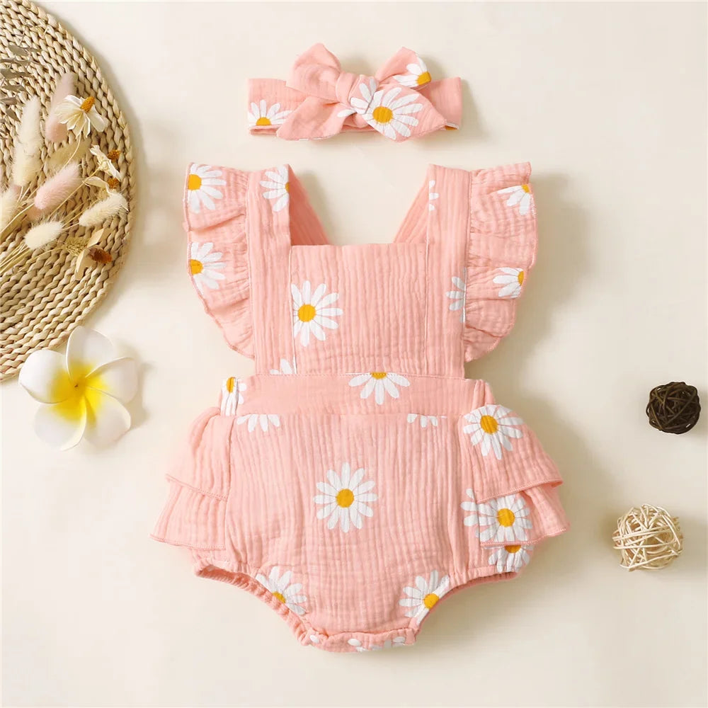 0-18 Months Newborn Baby Girl Romper Flutter Sleeve Cotton Bodysuit+Headband Floral Print Jumpsuit Toddler Summer Daily Outfits