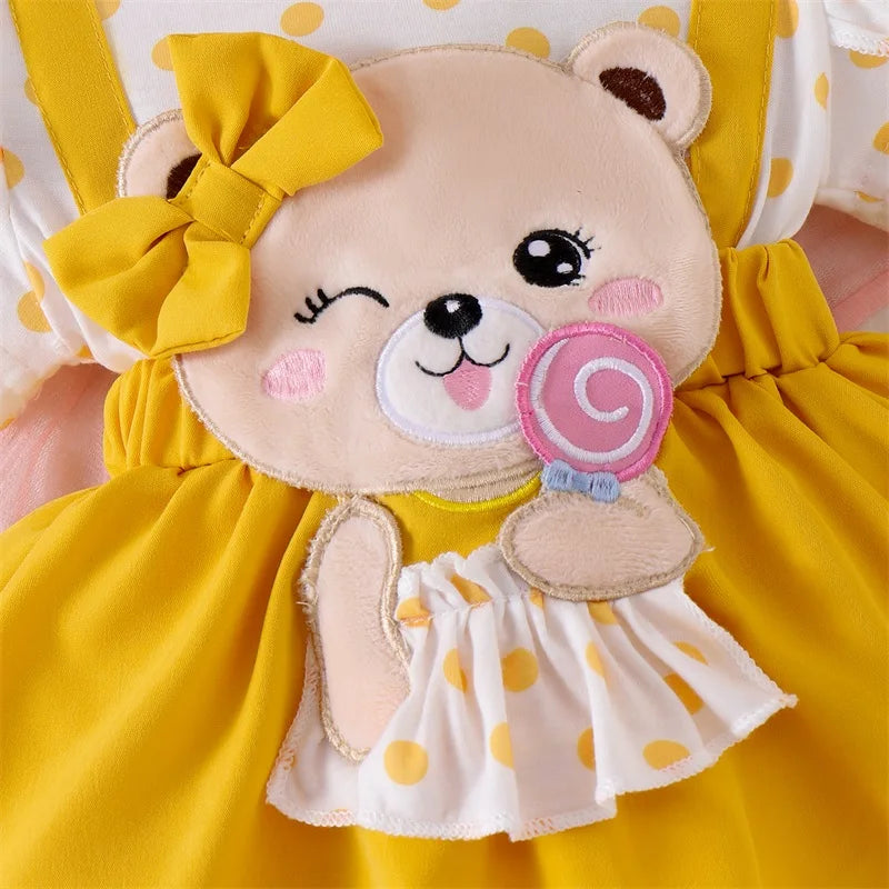0-18M Infant Baby Girl Romper Dress Bear Patch Ruffle Short Sleeve Bodysuit with Bow Headband 2Pcs Summer Clothes