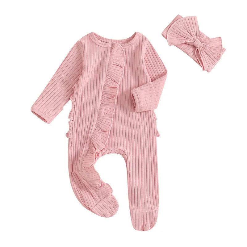 0 to 3 Months Baby Girl Romper Spring Autumn Clothes Solid Color Ribbed Ruffle Long Sleeve Zipper Footed Jumpsuit Bow