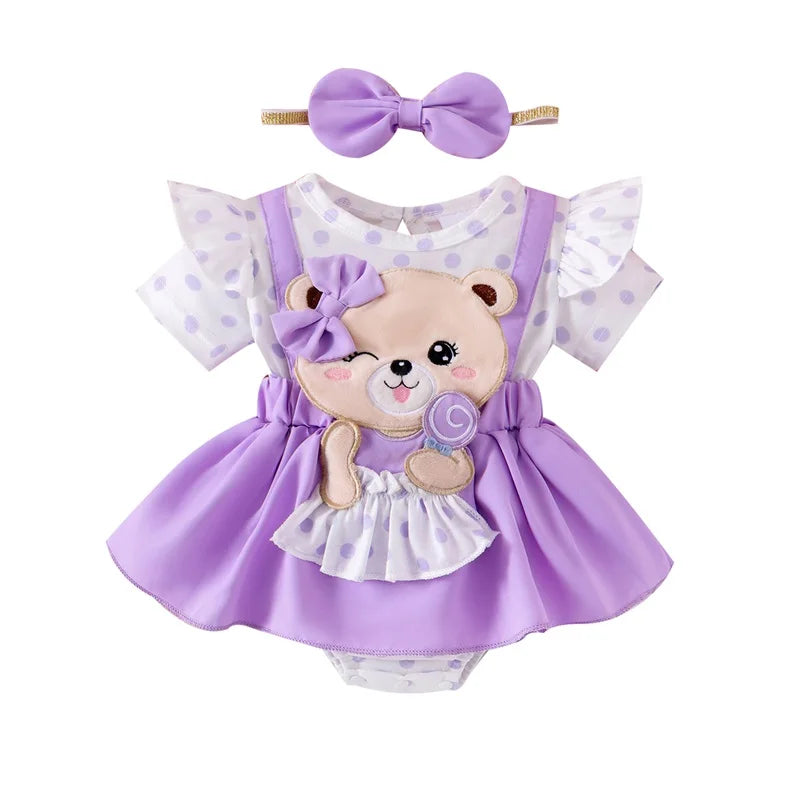 0-18M Infant Baby Girl Romper Dress Bear Patch Ruffle Short Sleeve Bodysuit with Bow Headband 2Pcs Summer Clothes