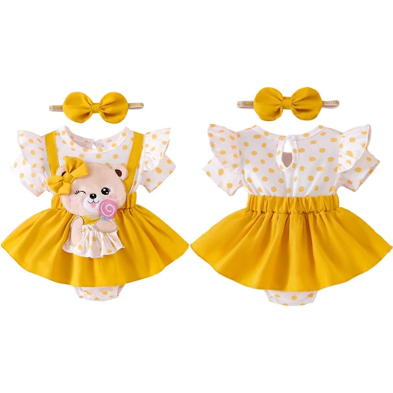 0-18M Infant Baby Girl Romper Dress Bear Patch Ruffle Short Sleeve Bodysuit with Bow Headband 2Pcs Summer Clothes