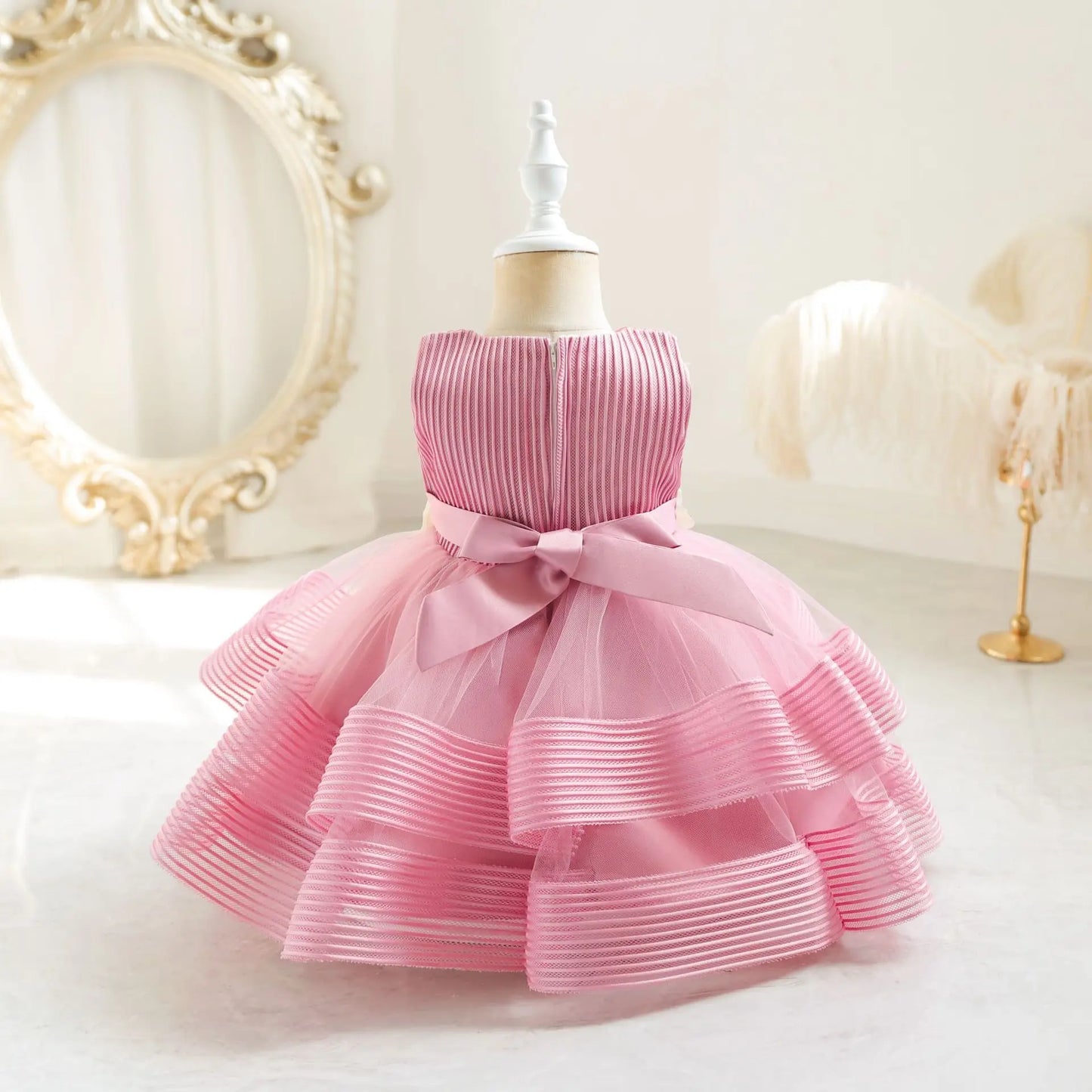 Princess Girl Kid's Dress Flower Bowknot Mesh Layered Baby Party Dresses Striped White Sleeveless Toddler Frocks 0 To 24 Months