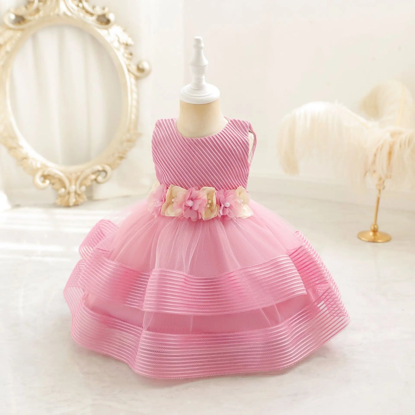 Princess Girl Kid's Dress Flower Bowknot Mesh Layered Baby Party Dresses Striped White Sleeveless Toddler Frocks 0 To 24 Months