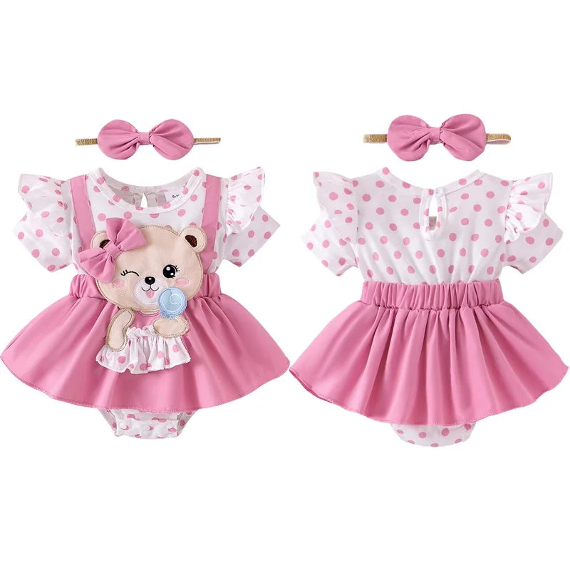 0-18M Infant Baby Girl Romper Dress Bear Patch Ruffle Short Sleeve Bodysuit with Bow Headband 2Pcs Summer Clothes
