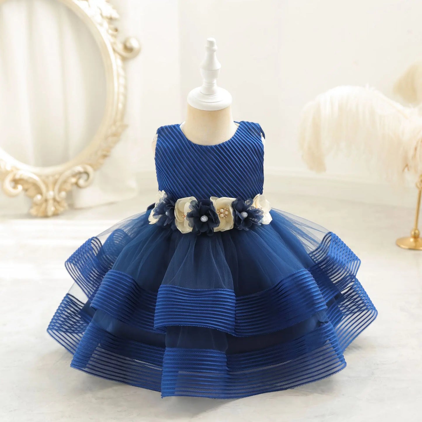 Princess Girl Kid's Dress Flower Bowknot Mesh Layered Baby Party Dresses Striped White Sleeveless Toddler Frocks 0 To 24 Months