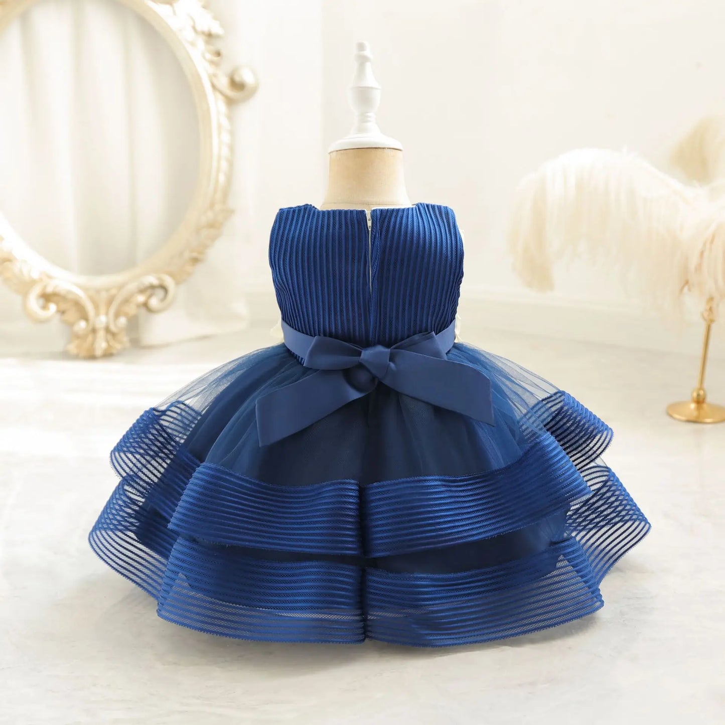 Princess Girl Kid's Dress Flower Bowknot Mesh Layered Baby Party Dresses Striped White Sleeveless Toddler Frocks 0 To 24 Months
