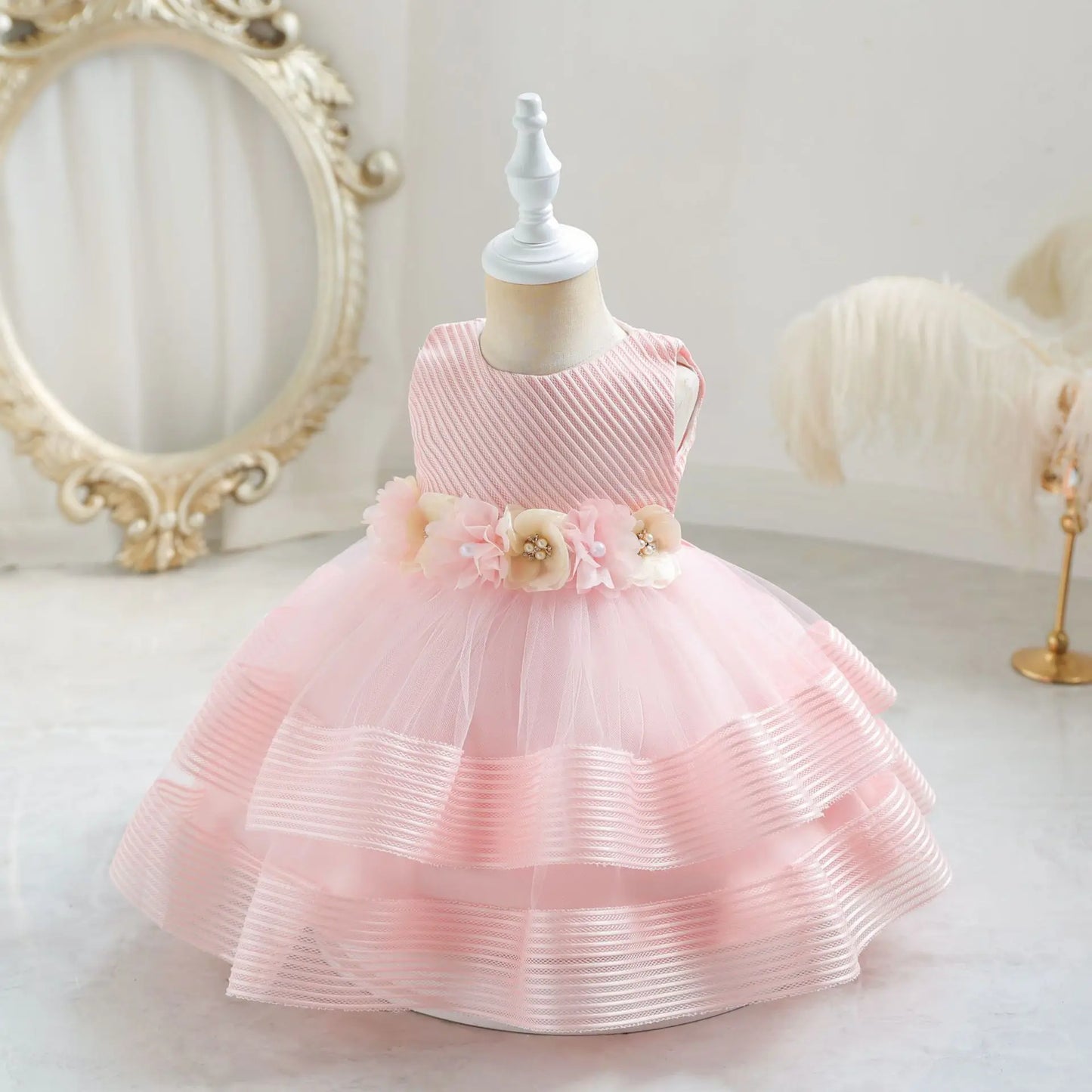 Princess Girl Kid's Dress Flower Bowknot Mesh Layered Baby Party Dresses Striped White Sleeveless Toddler Frocks 0 To 24 Months