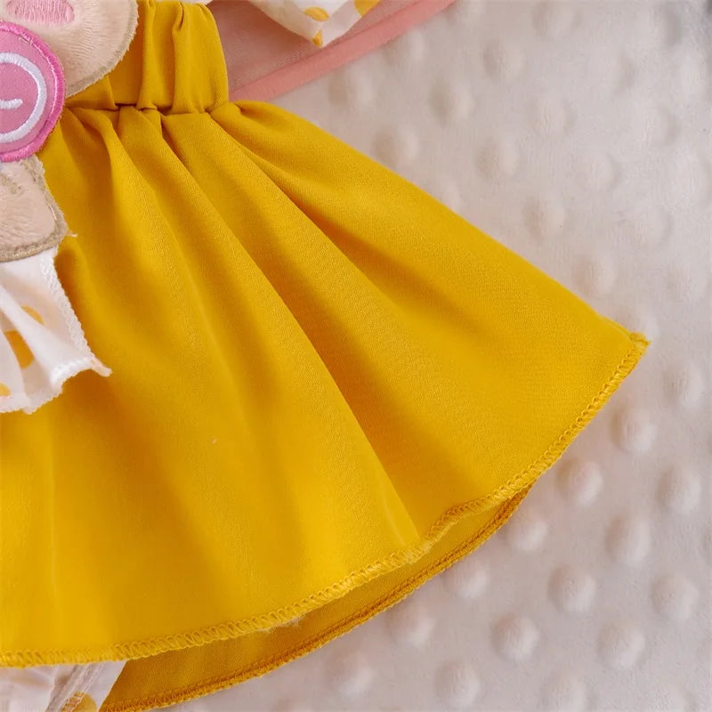 0-18M Infant Baby Girl Romper Dress Bear Patch Ruffle Short Sleeve Bodysuit with Bow Headband 2Pcs Summer Clothes