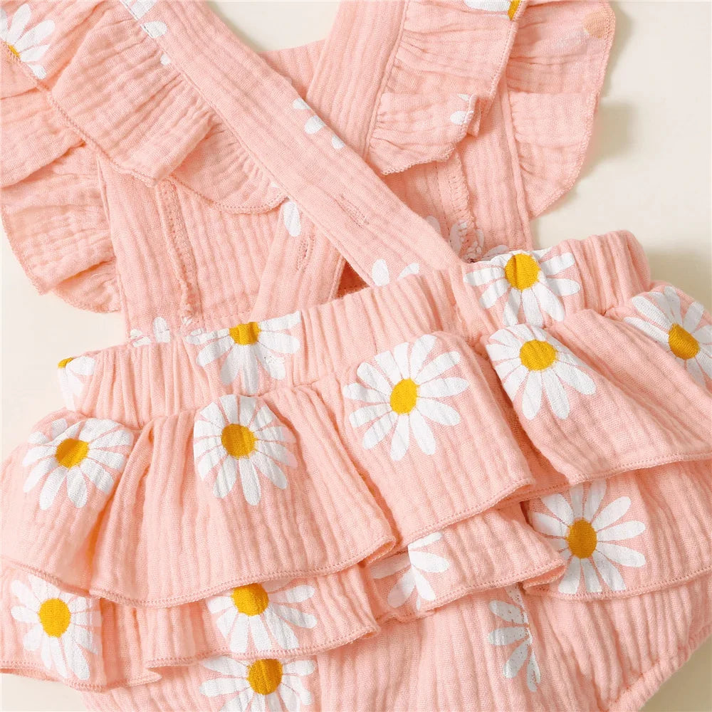 0-18 Months Newborn Baby Girl Romper Flutter Sleeve Cotton Bodysuit+Headband Floral Print Jumpsuit Toddler Summer Daily Outfits