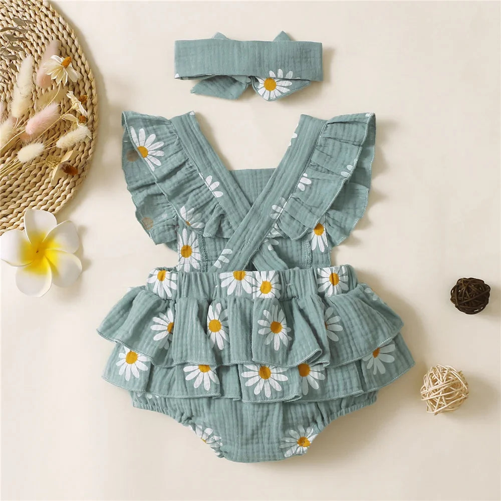0-18 Months Newborn Baby Girl Romper Flutter Sleeve Cotton Bodysuit+Headband Floral Print Jumpsuit Toddler Summer Daily Outfits