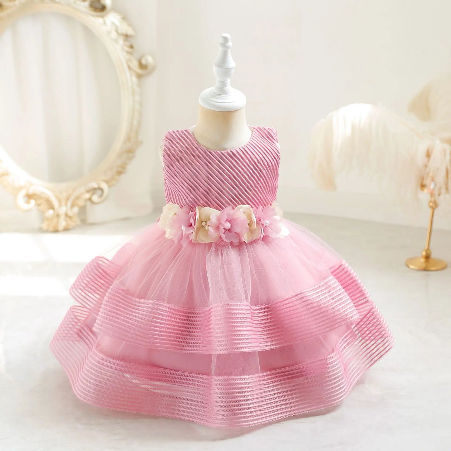 Princess Girl Kid's Dress Flower Bowknot Mesh Layered Baby Party Dresses Striped White Sleeveless Toddler Frocks 0 To 24 Months