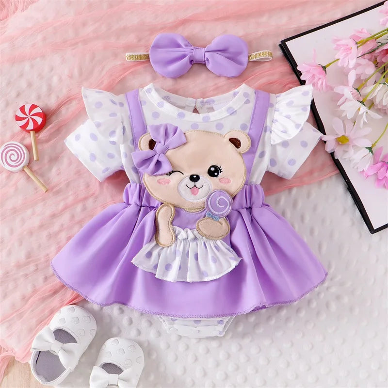 0-18M Infant Baby Girl Romper Dress Bear Patch Ruffle Short Sleeve Bodysuit with Bow Headband 2Pcs Summer Clothes