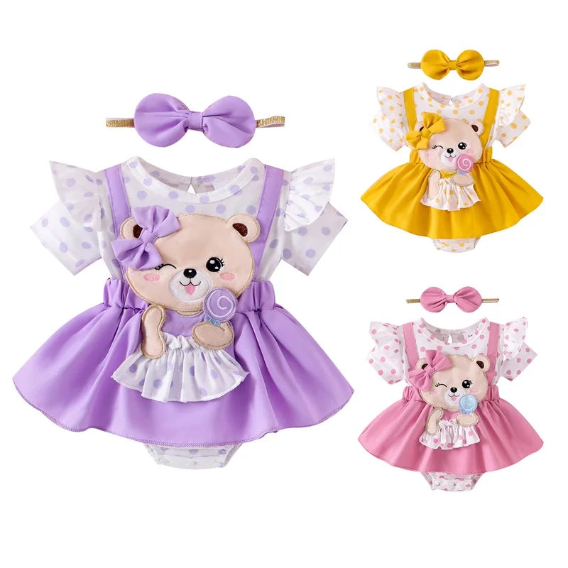 0-18M Infant Baby Girl Romper Dress Bear Patch Ruffle Short Sleeve Bodysuit with Bow Headband 2Pcs Summer Clothes
