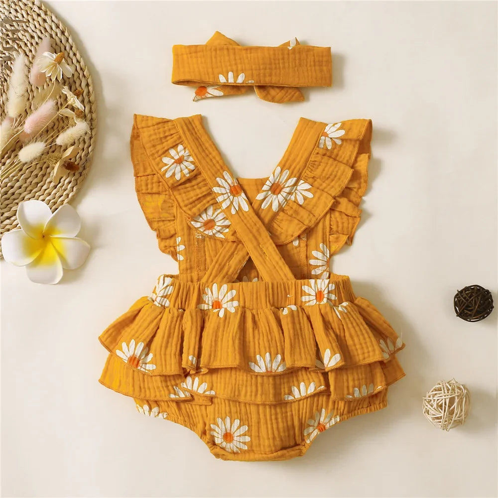0-18 Months Newborn Baby Girl Romper Flutter Sleeve Cotton Bodysuit+Headband Floral Print Jumpsuit Toddler Summer Daily Outfits