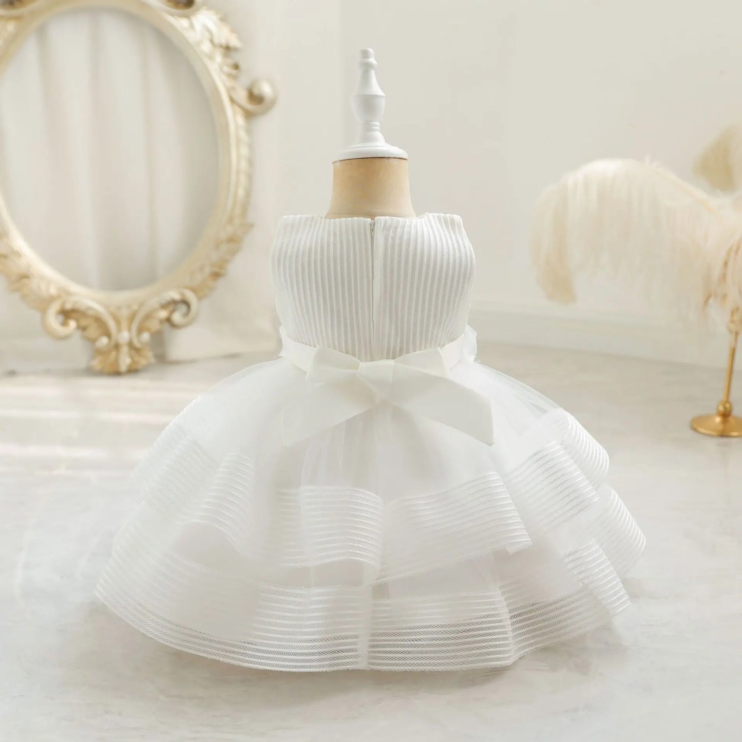 Princess Girl Kid's Dress Flower Bowknot Mesh Layered Baby Party Dresses Striped White Sleeveless Toddler Frocks 0 To 24 Months