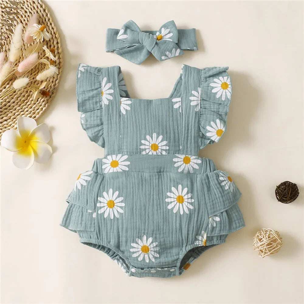 0-18 Months Newborn Baby Girl Romper Flutter Sleeve Cotton Bodysuit+Headband Floral Print Jumpsuit Toddler Summer Daily Outfits