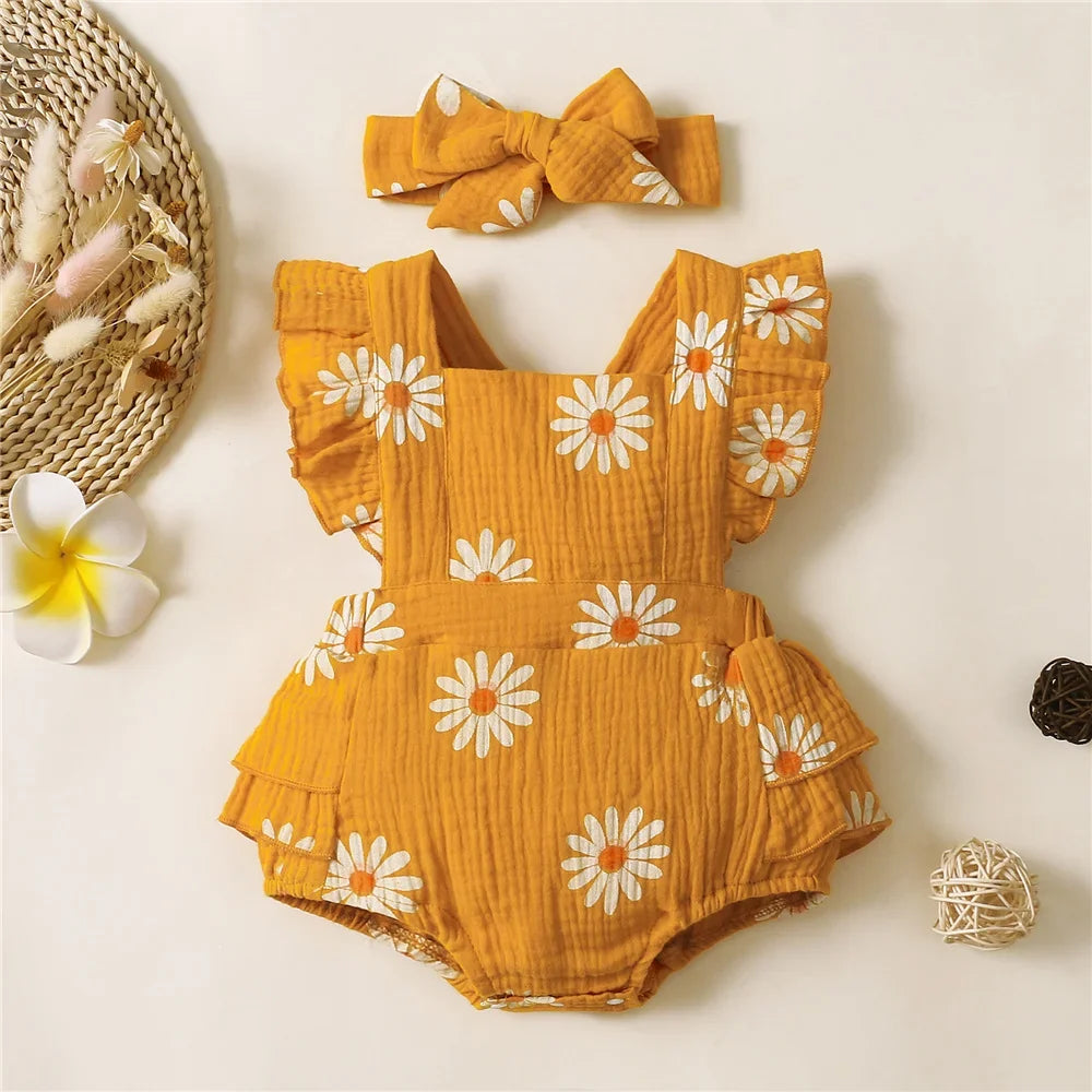 0-18 Months Newborn Baby Girl Romper Flutter Sleeve Cotton Bodysuit+Headband Floral Print Jumpsuit Toddler Summer Daily Outfits