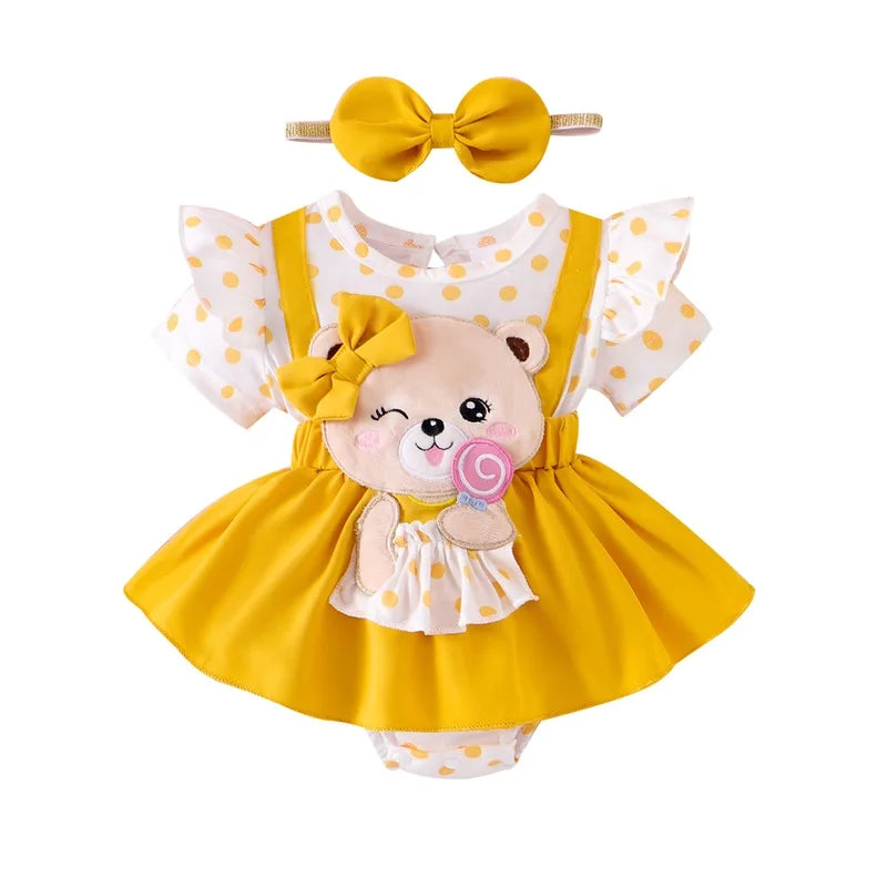 0-18M Infant Baby Girl Romper Dress Bear Patch Ruffle Short Sleeve Bodysuit with Bow Headband 2Pcs Summer Clothes