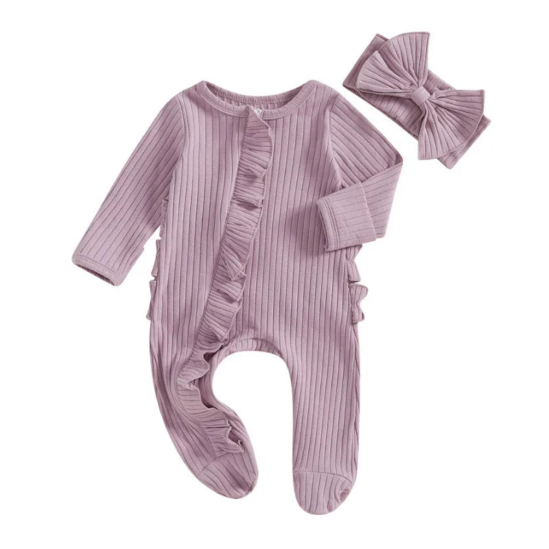 0 to 3 Months Baby Girl Romper Spring Autumn Clothes Solid Color Ribbed Ruffle Long Sleeve Zipper Footed Jumpsuit Bow