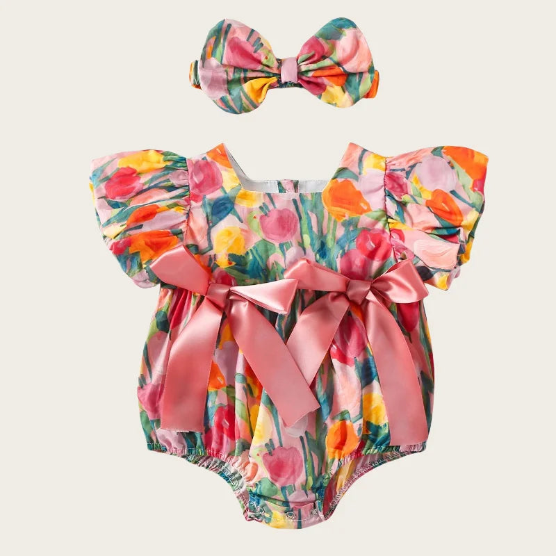 0 - 2 Y Baby Girls Cotton Romper with Bowknot and Floral Print and Matching Headband - Adorable and Stylish Kids' Set