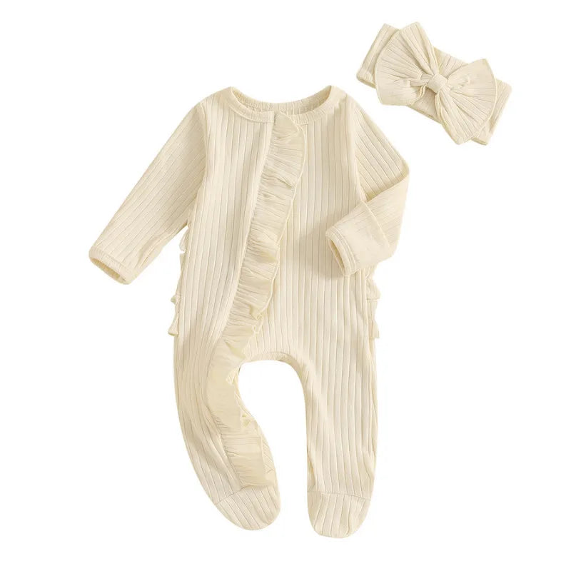 0 to 3 Months Baby Girl Romper Spring Autumn Clothes Solid Color Ribbed Ruffle Long Sleeve Zipper Footed Jumpsuit Bow