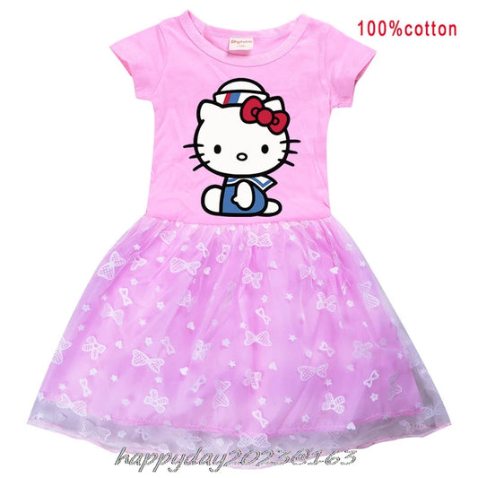 Summer Girls Cat Dress Shorts Sleeve Kids Tutu Dress Fashion Girls Party Vestidos Cartoon Children Dress 3-8Y