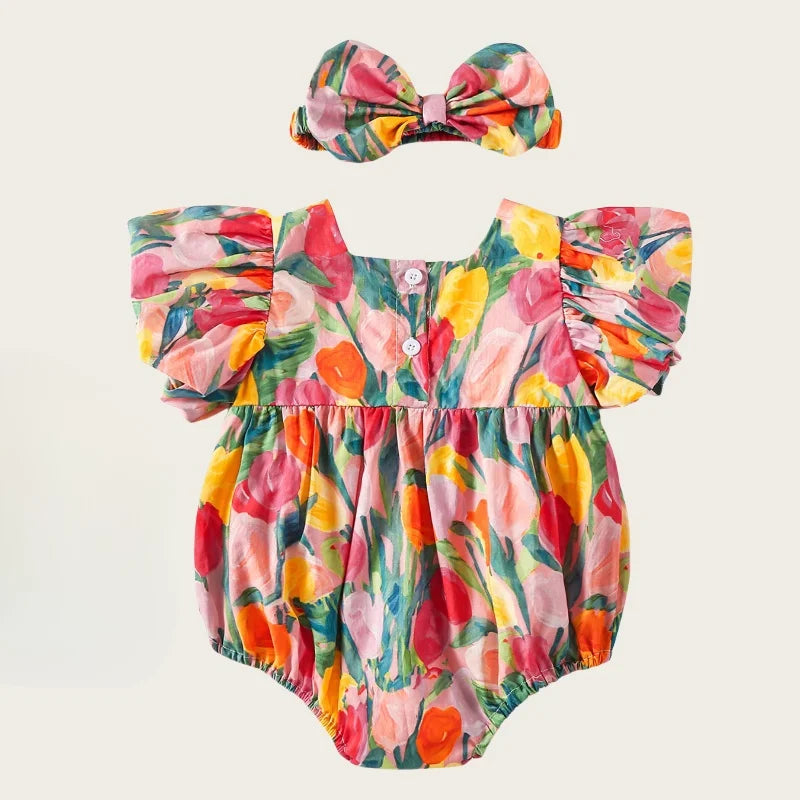 0 - 2 Y Baby Girls Cotton Romper with Bowknot and Floral Print and Matching Headband - Adorable and Stylish Kids' Set