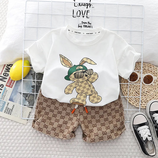 Summer Baby Clothes Kid Boy Cartoon Rabbit T-Shirts Shorts Suit Infant Toddler Girl Short Sleeve Top and Bottom 2 Pieces Set