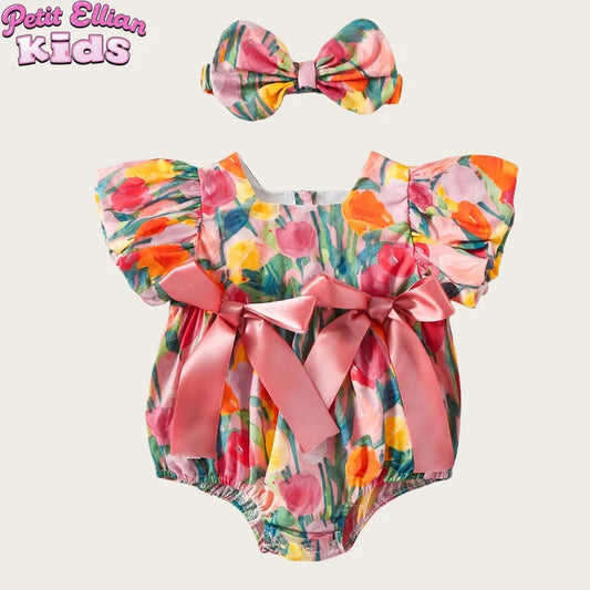 0 - 2 Y Baby Girls Cotton Romper with Bowknot and Floral Print and Matching Headband - Adorable and Stylish Kids' Set