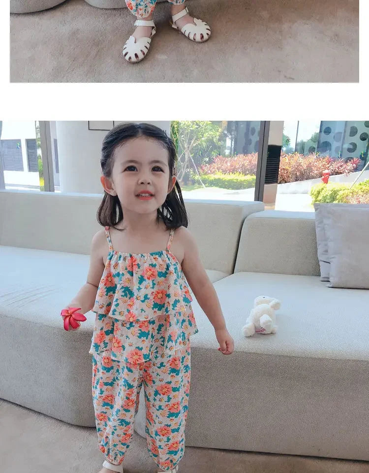 2024 Summer New baby Girls' Suits Cute Floral Vest And Anti-Mosquito Pants Children Clothing Sets Fashion Kids Outfit