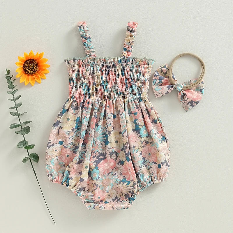 0-18M Infant Baby Girl Summer Outfit Clothes Sleeveless Smocked Cotton Linen Romper with Headband