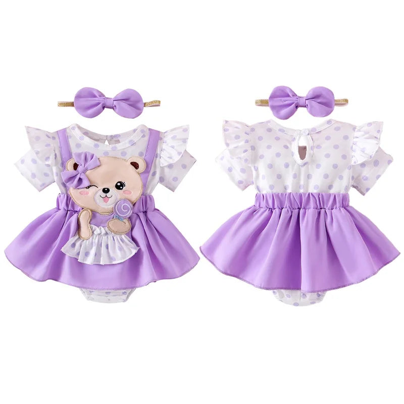 0-18M Infant Baby Girl Romper Dress Bear Patch Ruffle Short Sleeve Bodysuit with Bow Headband 2Pcs Summer Clothes