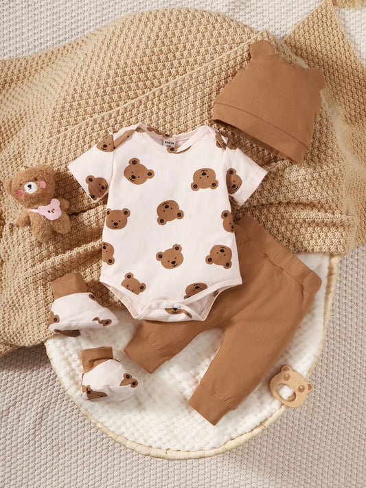 0-9 Months Newborn Baby Boy 4PCS Clothes Set Fashion Bear Print Short Sleeve Bodysuit+Pants+Hat+Sock Cute Baby Photograph Outfit
