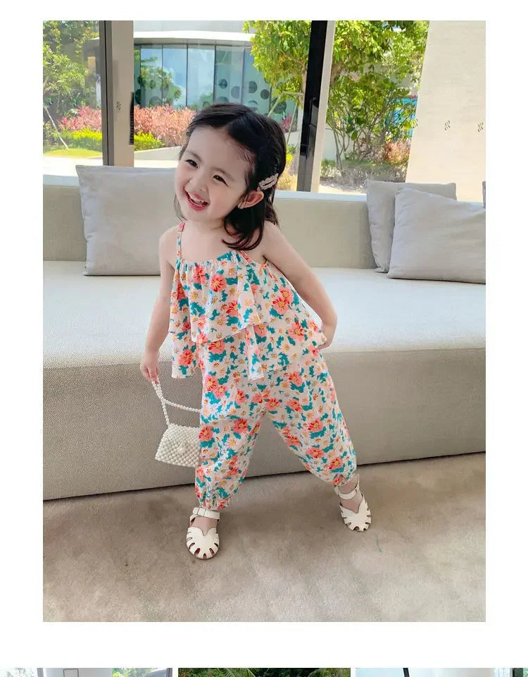 2024 Summer New baby Girls' Suits Cute Floral Vest And Anti-Mosquito Pants Children Clothing Sets Fashion Kids Outfit