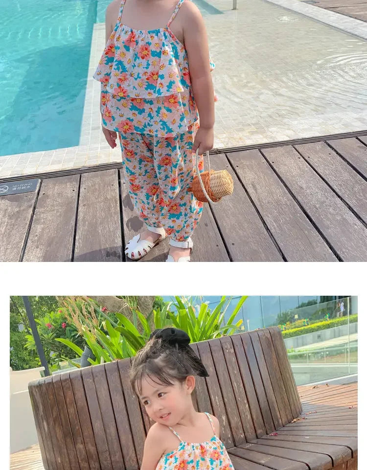 2024 Summer New baby Girls' Suits Cute Floral Vest And Anti-Mosquito Pants Children Clothing Sets Fashion Kids Outfit