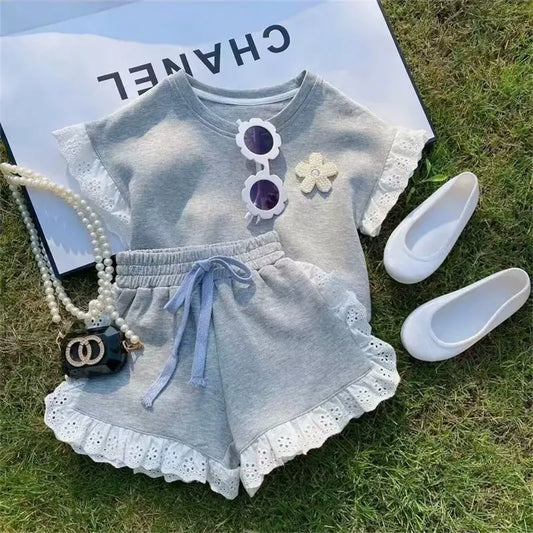 Girls Clothing Suit Children Short-Sleeved Shirt Shorts 2Pcs Sets Baby Loungewear Fashion Summer Lace Outfits 2 4 6 7 T