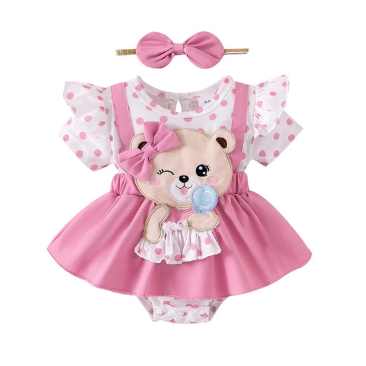 0-18M Infant Baby Girl Romper Dress Bear Patch Ruffle Short Sleeve Bodysuit with Bow Headband 2Pcs Summer Clothes