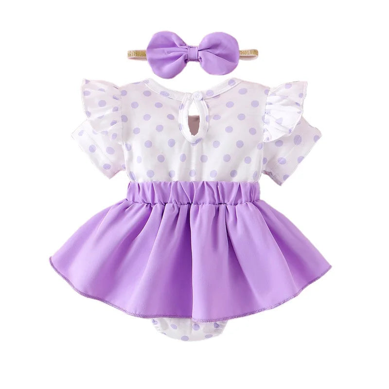 0-18M Infant Baby Girl Romper Dress Bear Patch Ruffle Short Sleeve Bodysuit with Bow Headband 2Pcs Summer Clothes