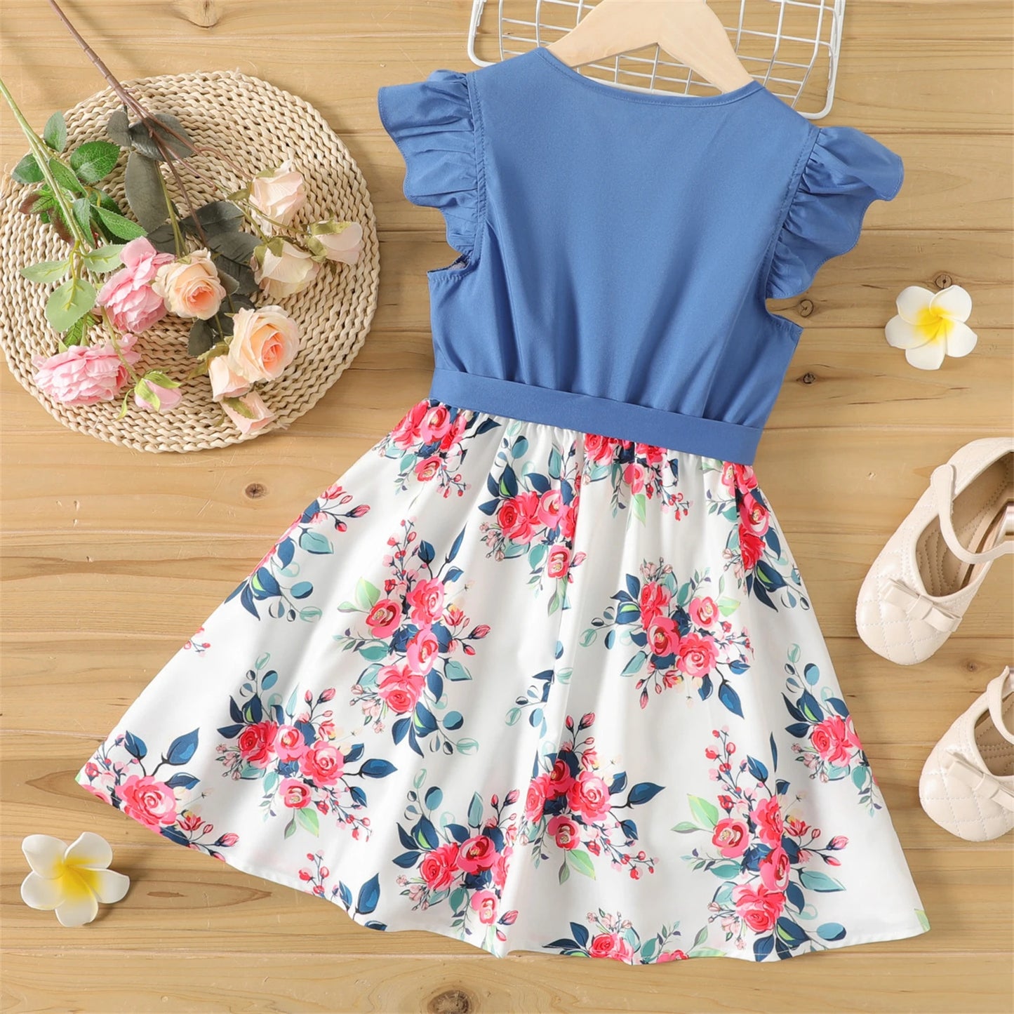 PatPat Girl Kids Dress Girl Dresses for Very Elegant Party Ruffled Floral Print Splice Belted Flutter-sleeve Dress Girl Clothing