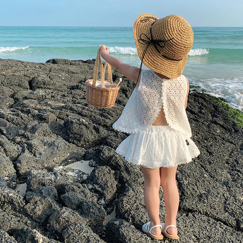 Girls 2022 Summer Clothing Sets Hollow Lace Suit Baby Casual Sleeveless T-shirt+Shorts Kids Clothing Sets Baby Clothes Outfits