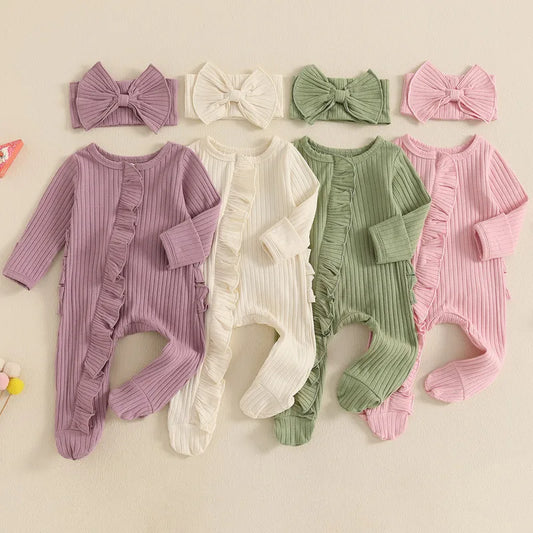 0 to 3 Months Baby Girl Romper Spring Autumn Clothes Solid Color Ribbed Ruffle Long Sleeve Zipper Footed Jumpsuit Bow