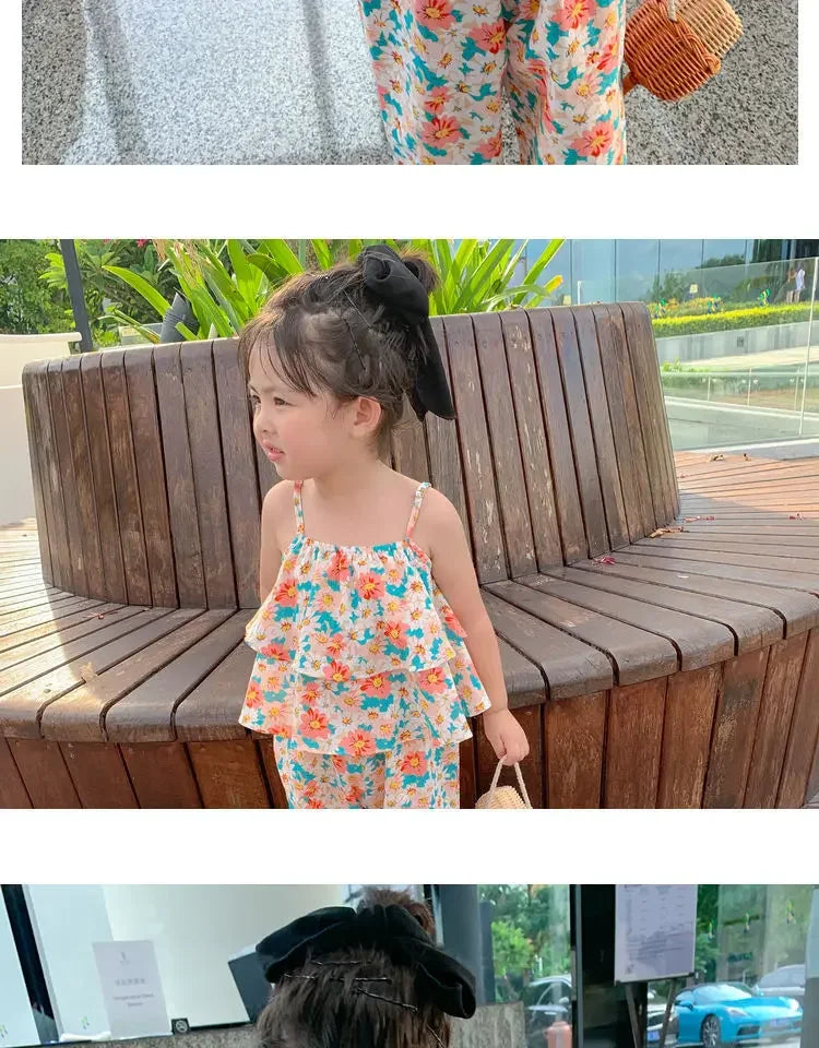 2024 Summer New baby Girls' Suits Cute Floral Vest And Anti-Mosquito Pants Children Clothing Sets Fashion Kids Outfit