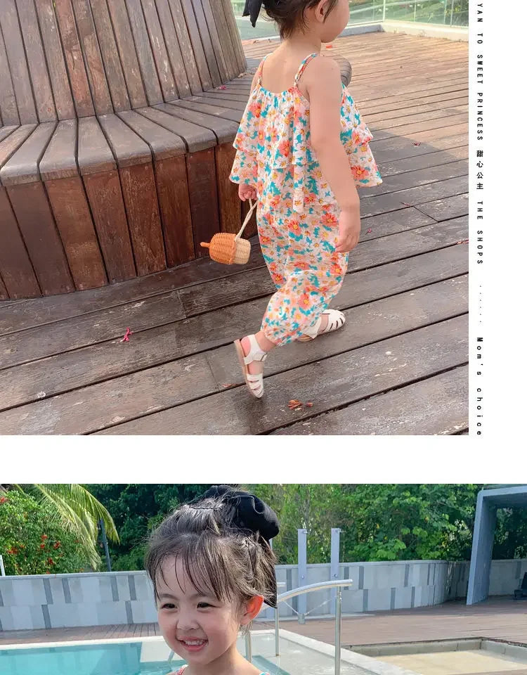 2024 Summer New baby Girls' Suits Cute Floral Vest And Anti-Mosquito Pants Children Clothing Sets Fashion Kids Outfit