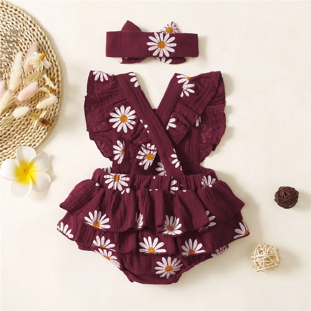 0-18 Months Newborn Baby Girl Romper Flutter Sleeve Cotton Bodysuit+Headband Floral Print Jumpsuit Toddler Summer Daily Outfits