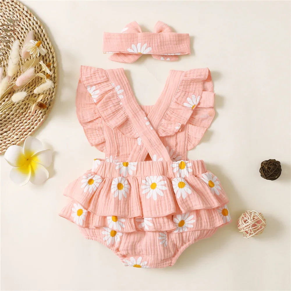 0-18 Months Newborn Baby Girl Romper Flutter Sleeve Cotton Bodysuit+Headband Floral Print Jumpsuit Toddler Summer Daily Outfits